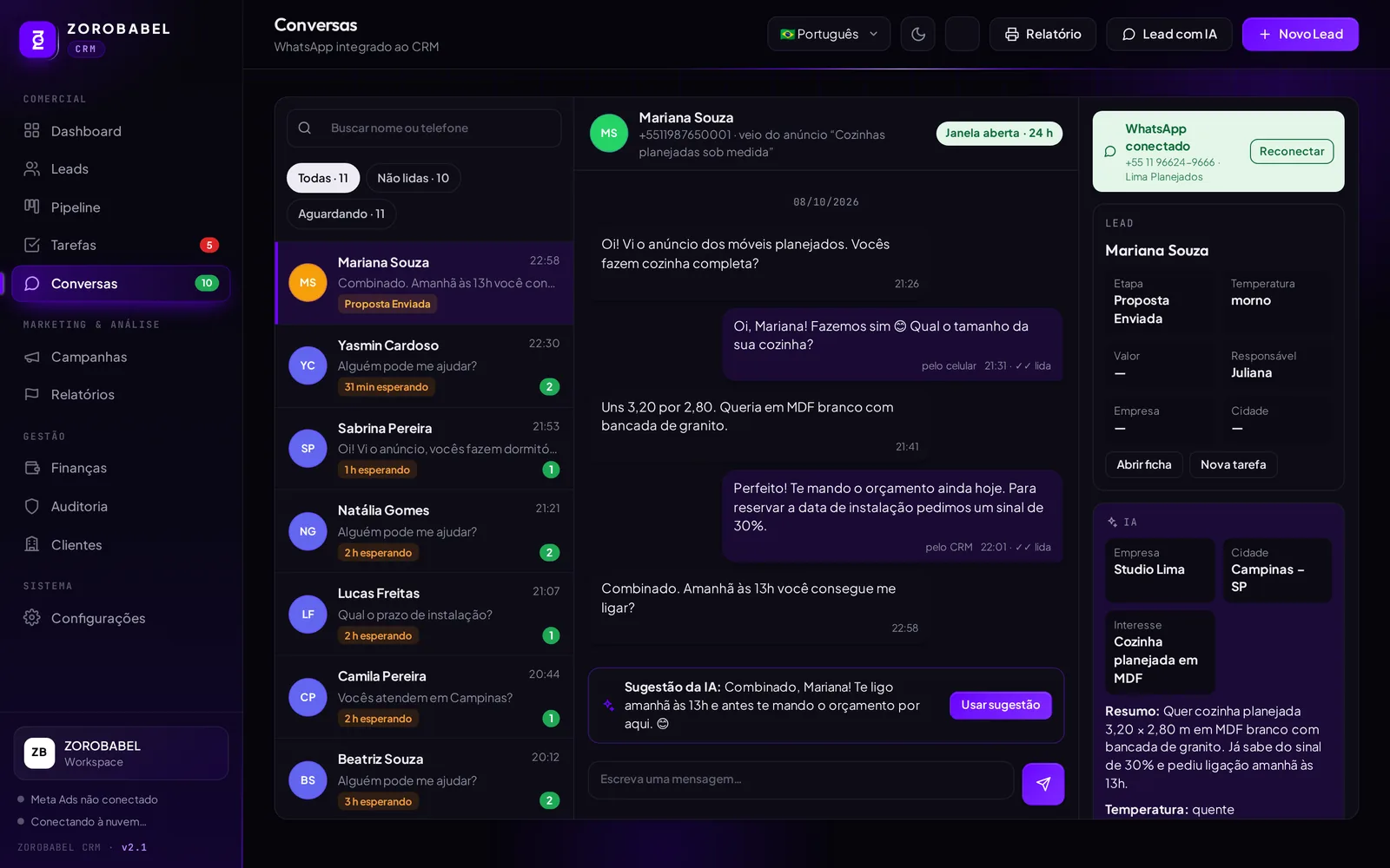 Tela de conversas do CRM com a lista de contatos do WhatsApp, a conversa aberta e o resumo da IA ao lado.